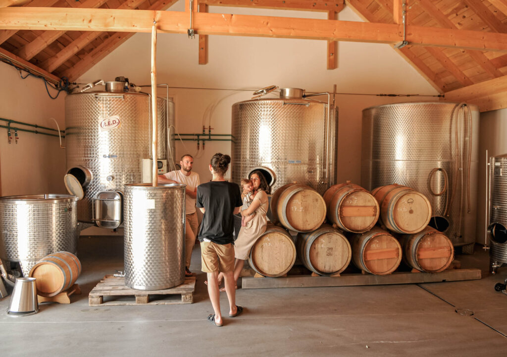 Stainless steel tanks storing wine with wooden barrels stacked infront. John is talking to Josef and Julia